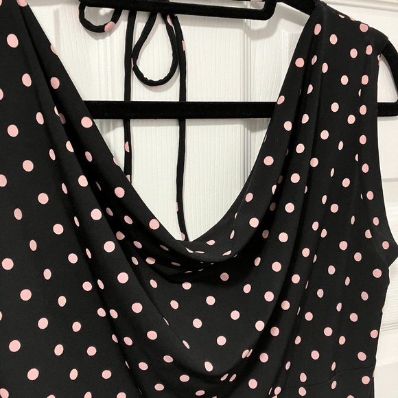 Dressy sleeveless top w/ draped neckline - black with light pink polkadots, Lg - Picture 2 of 4